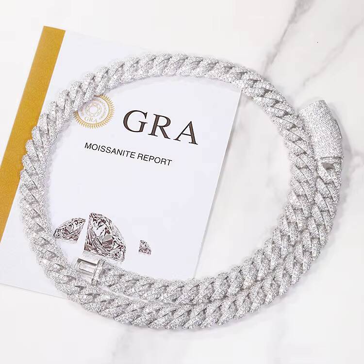 RTS Hiphop Jewelry Necklace 6mm/9mm/13mm Ice Out 2Row Round Link Chain 925 Silver VVS Moissanite Cuban Link Chain Necklace