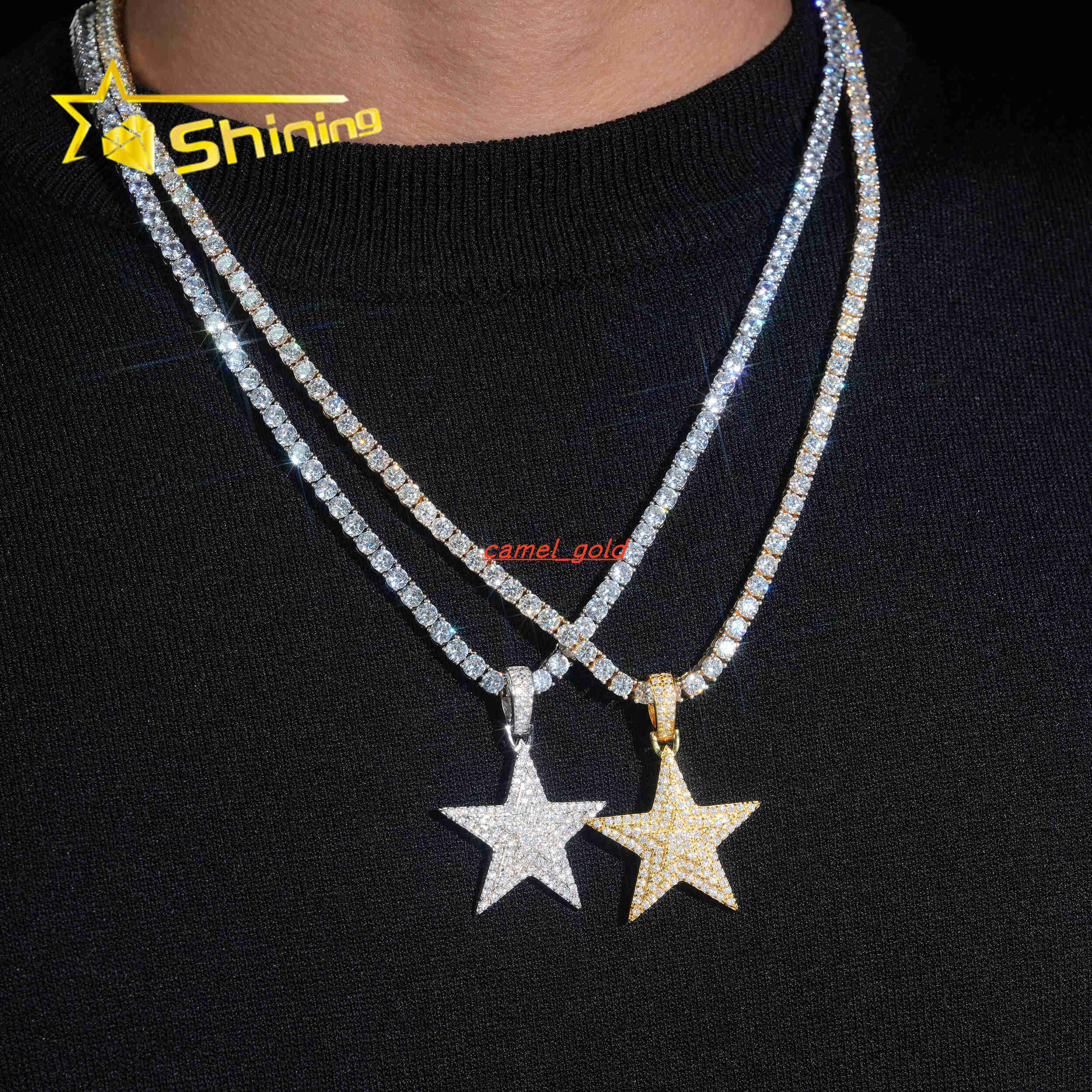 Hip Hop Iced Out Star Moissanite Pendant 925 Sterling Silver Gold Plated Moissanite Diamond Pass Diamond Test Charm Pendant