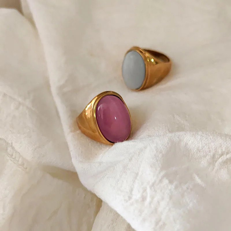 Big colored oval stone chunky rings stainless steel rings for women men vintage statement elegant jewelry for winter fall jewel 250730