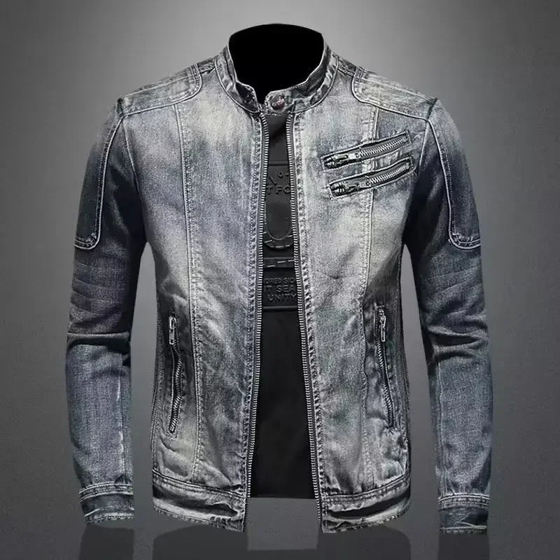 Trendy Stand Collar Zip-Uplapel Motorcycle Denim Jacket Unique Vintage Sports Top For Men Casual Trendy Jacket250801