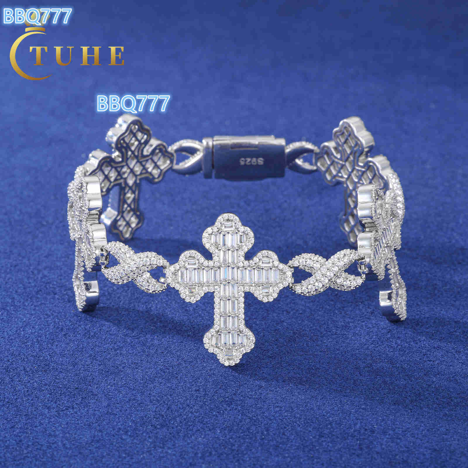 New Fashion Style Hip Hop Jewelry 20mm 925 Sterling Silver VVS Baguette Moissanite Diamond Infinity Mixed Cross Link Bracelet