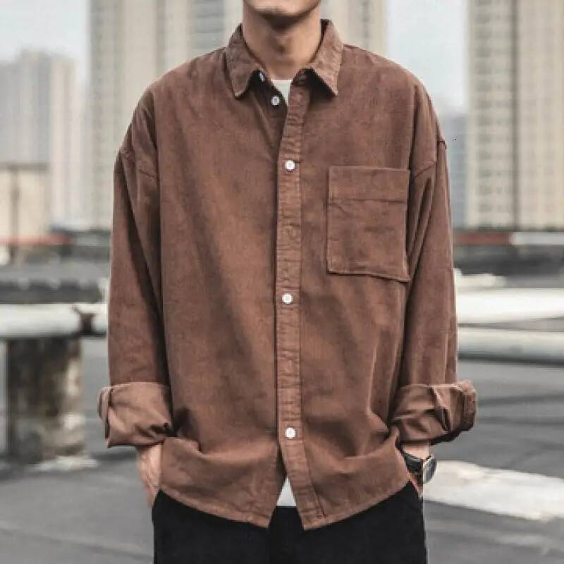 Black/coffee/gray Corduroy Men's Fashion Retro Pocket Casual Shirt Men Autumn Korean Loose Long-Sleeved Shirts Mens M-2Xl