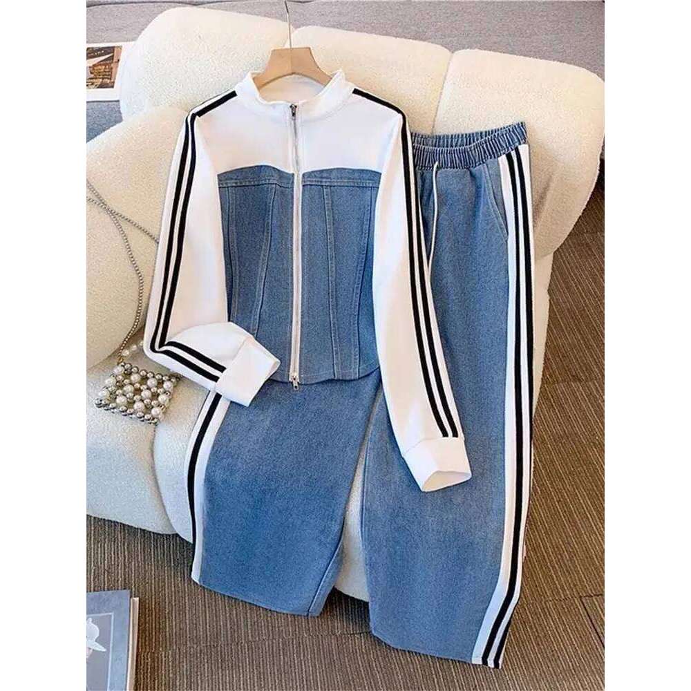 Women Preppy Style Patchwork Contrast Denim Sets Stand Collar Zipper Jackets Coats Elastic Jeans 2 Piece Suit Streetwear Comfort 250730