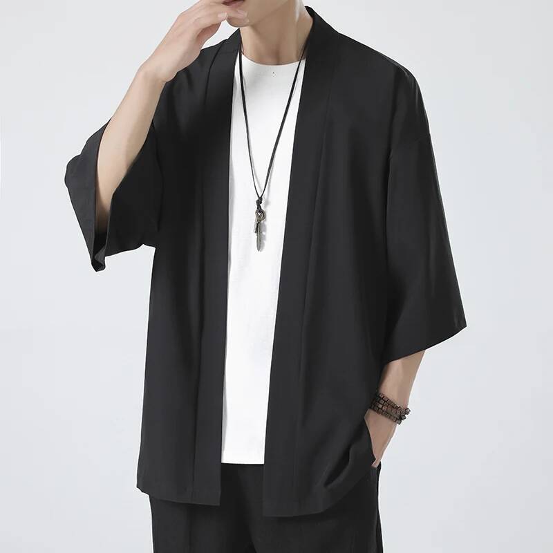 Spring Summer Men's Japanese Kimono Casual Open Lightweight Fashion Solid Three Quarter Loose Couple Shirts M-5XL