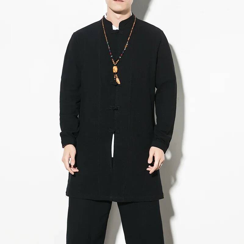 Men's Chinese Style Long Tang Suit Tops Cotton Linen Solid Color Kung Fu Shirts Men Traditional Hanfu Shirt Plus Size 5XL