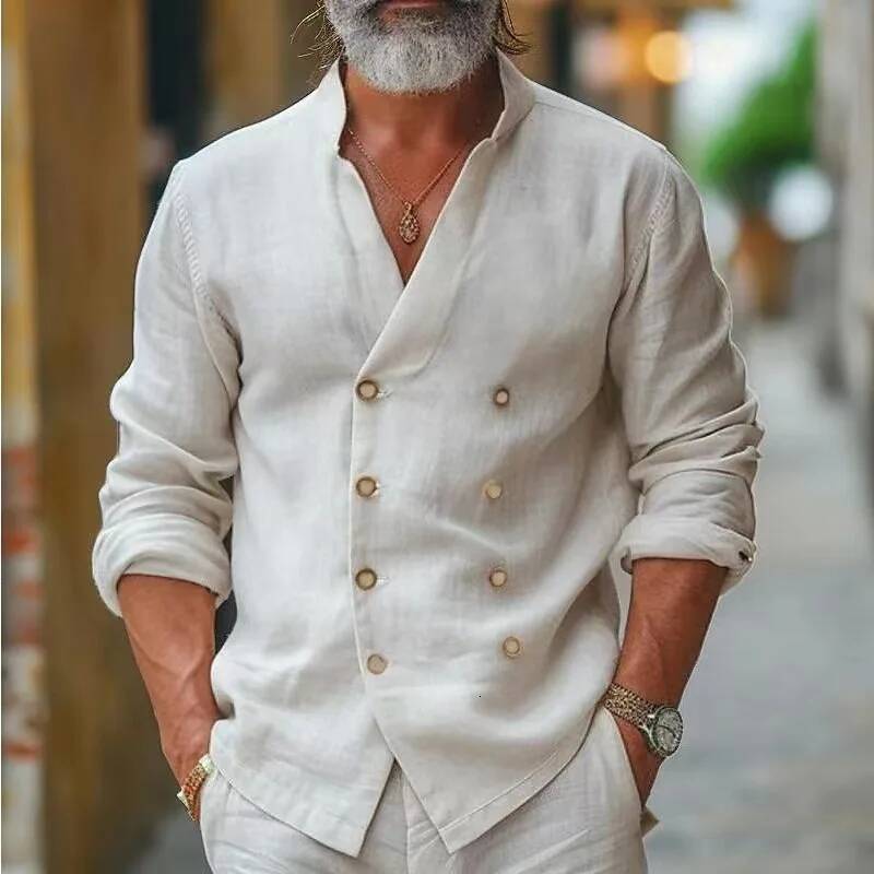 New Spring Autumn Men's Cotton Linen Casual Fashion Double Breasted Tops Vintage Stand Collar Solid Long Sleeve Shirt Men
