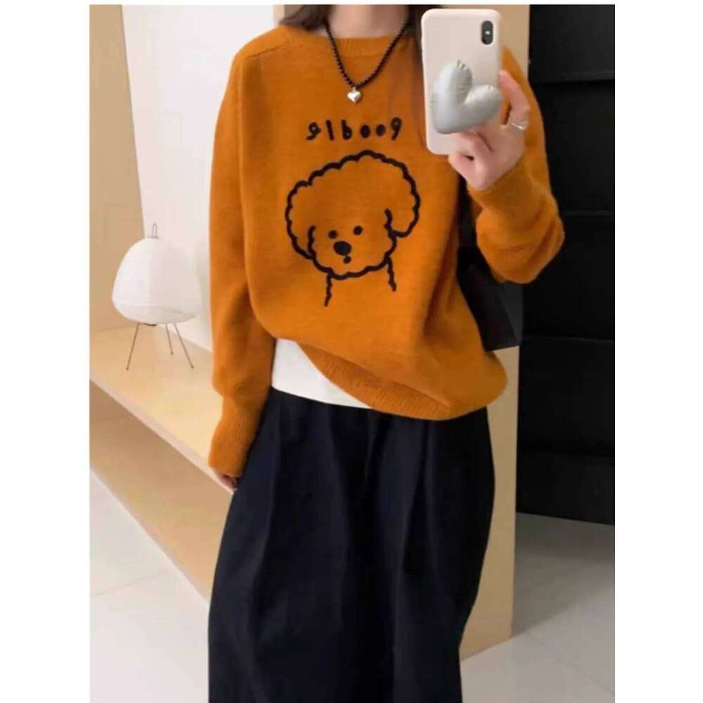 European Cartoon Dog 100 Pure Cashmere Women's Round Neck Korean Version Of Loose Jumper Knitted Bottom Sweater MDNG 250730