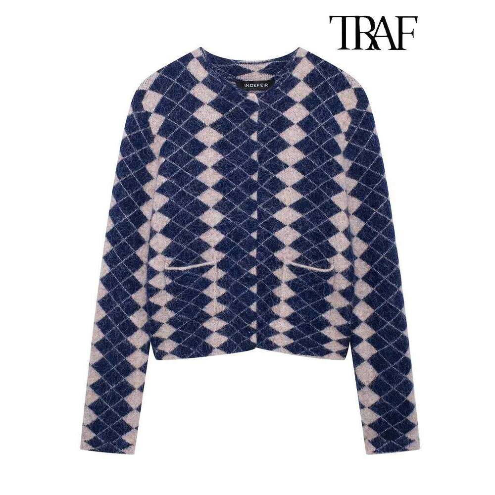 TRAF Women's Fashion 2024 Fall And Winter New Color Clashing Dia Plaid Jacquard Round Neck Long Sleeve Knit Cardigan Jacket 250730