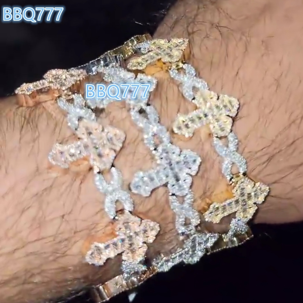 Custom 3 Tone Silver Plated Hip Hop Jewelry Iced Out Bling 5A CZ Multi Cross Charm X Shape Cuban Chain Bracelet for Men Women