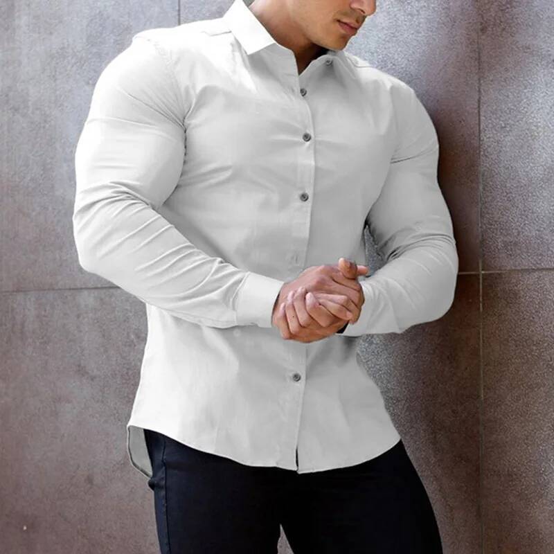 Spring Autumn Men's Fashion Casual Shirt Long Sleeve Solid Color Slim Fit Business Dress Shirts Male Fiess Sports Blouse Tops