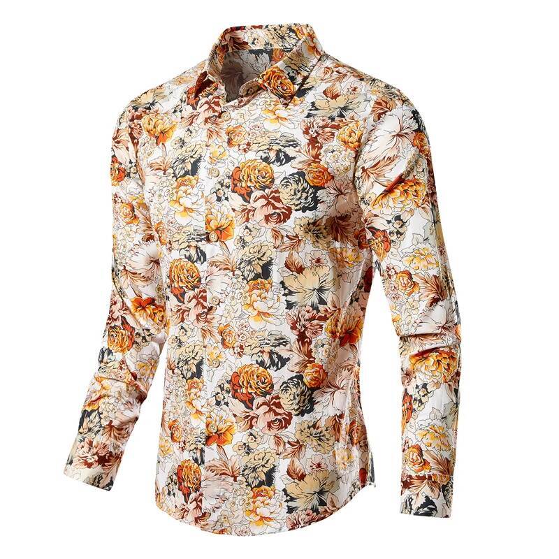 New Men's Long Sleeve Hawaiian Cotton Floral Casual Shirts Fashion Slim Print Male Beach Blouse Plus Size M-5XL