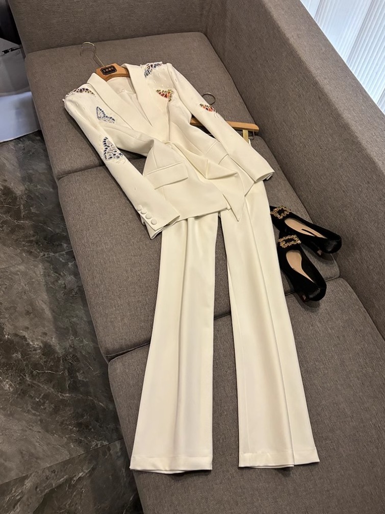 2025 Autumn White Butterfly Beading Two Piece Pants Sets Long Sleeve Notched-Lapel Rhinestone Blazers Top + Wide Leg Trousers Pants Set Two Piece Su