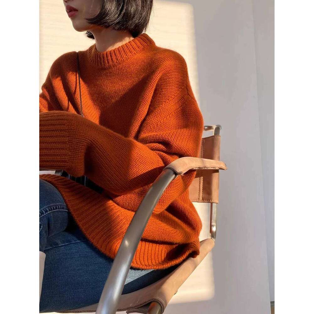 High-End Series Round Neck 100% Pure Cashmere Pullover Silhouette Sweater Women's Thick Loose Knit MDNG 250730