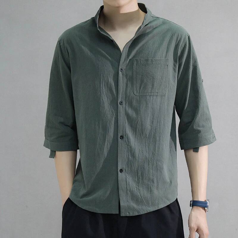 2023 Solid Color 3/4 Sleeves Spring Loose Stand Collar Male Office Buttons Placket Men Over Shirt for Work
