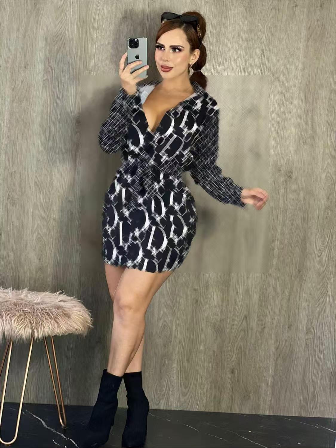 Designer Shirt Slim Dresses Casual Top Blouse Autumn Fashion Print Midi Dress Women Elegant Office Ladies V-neck Long Sleeved Vestidos Bodycon Cloth