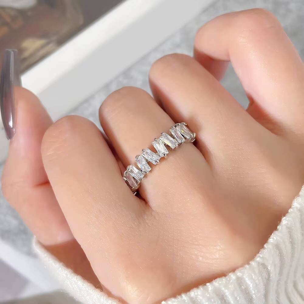 FOXI US Local Stock Irregular Arrangement Engagement Fine Ring 925 Silver Pink Zircon Rectangle Sterling Silver Ring with Women
