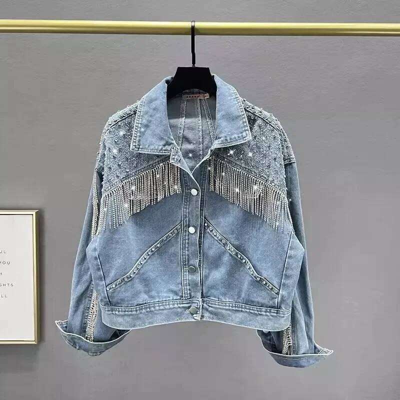 Spring Autumn Blue Denim Women Casual Fashion Beaded Dia Chain Tassel Frayed Jeans Jacket Coat Female New Streetwear 250730