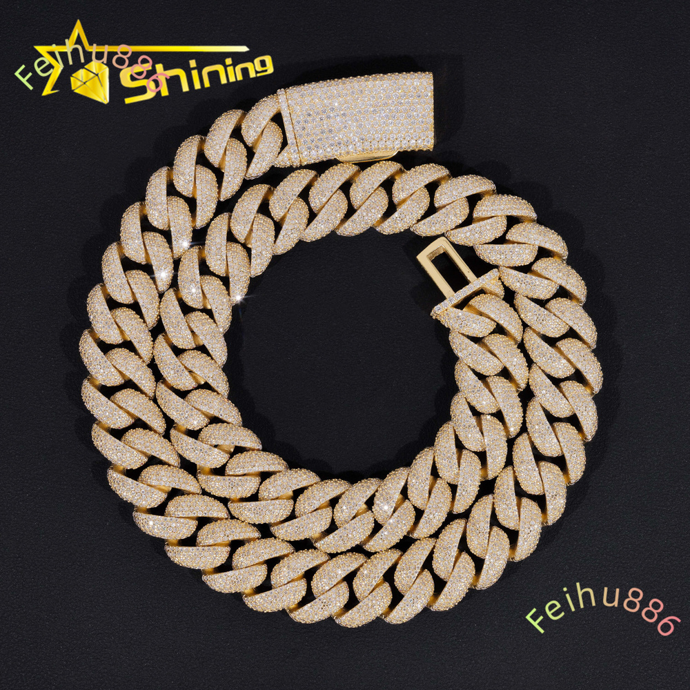 Rapper Hip Hop Jewelry 14mm 5 Rows Stones Solid 925 Sterling Silver Gold Plated Iced Out Moissanite Miami Cuban Link Chain