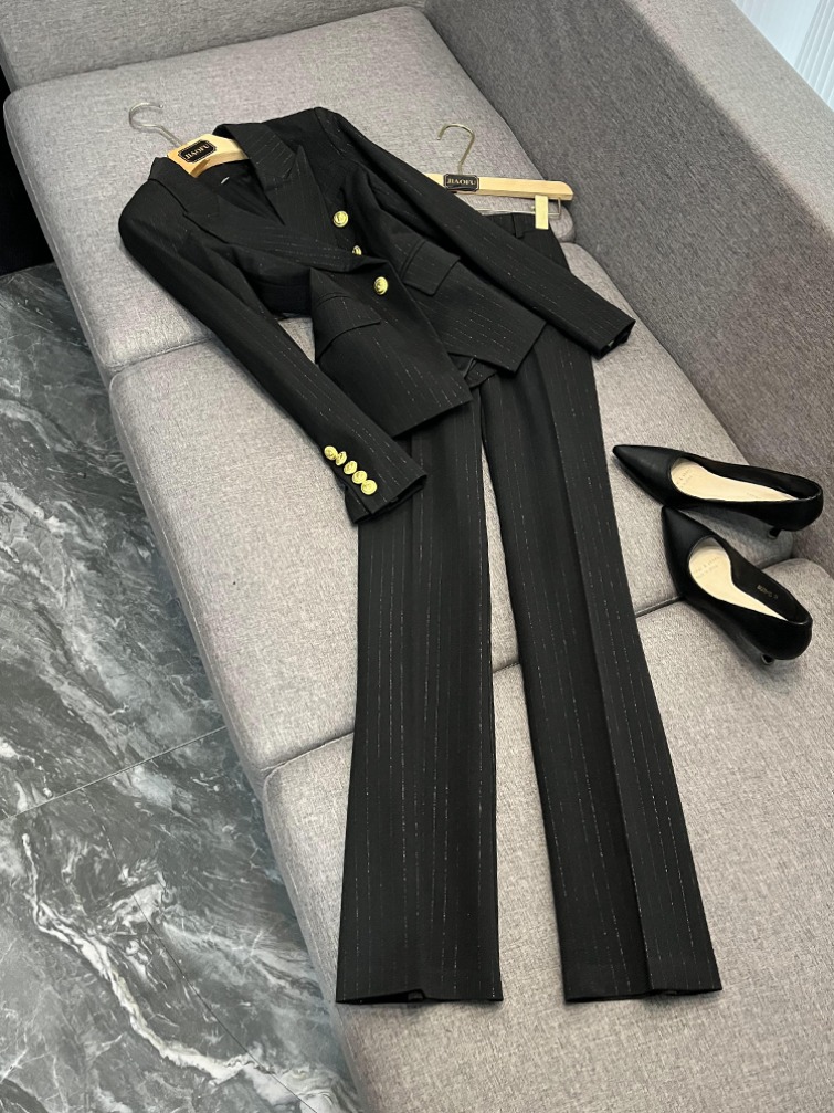 2025 Autumn Black Striped Two Piece Pants Sets Long Sleeve Notched-Lapel Double-Breasted Blazers Top + Long Pants Set Two Piece Suits Z5M030246