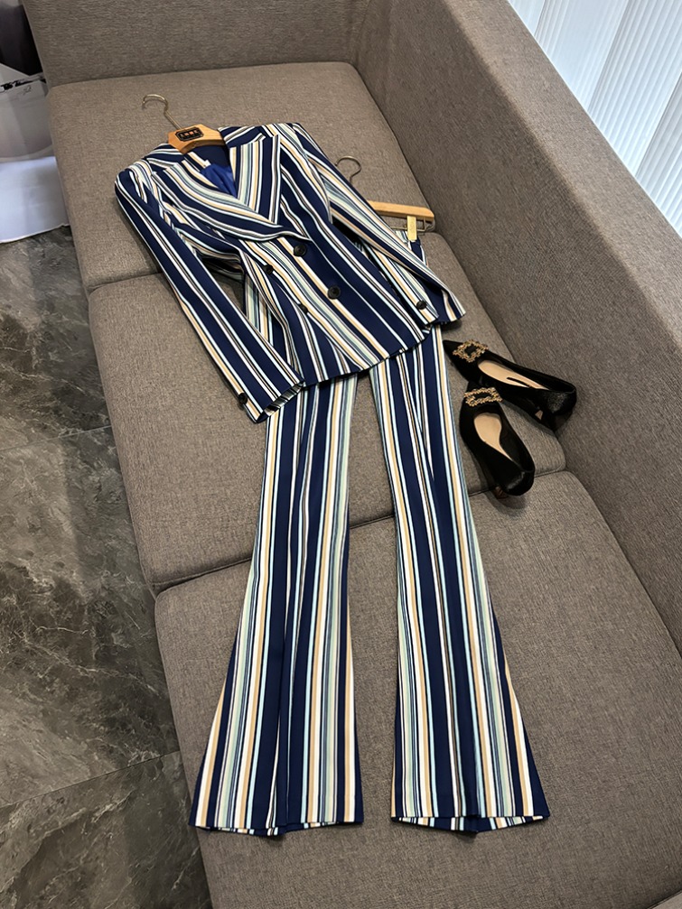 2025 Autumn Blue Striped Two Piece Pants Sets Long Sleeve Notched-Lapel Blazers Top + Long Pants Set Two Piece Suits O5M072960