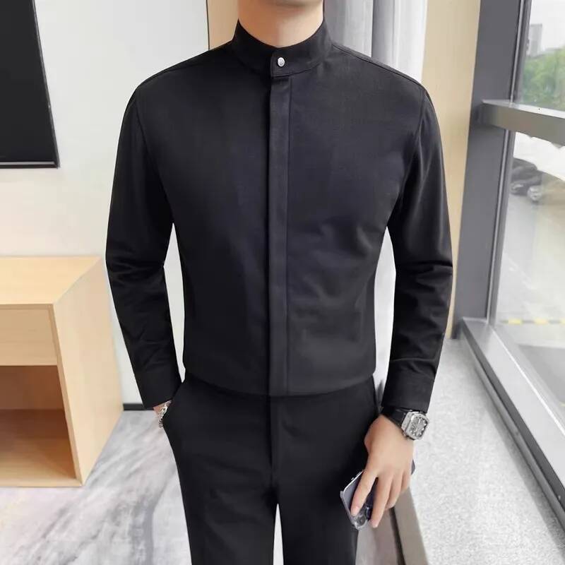 High Quality Autumn Winter Woolen Long Sleeve Casual Shirts Solid Stand Collar Slim Fit Fashion Business Zipper Shirt Men