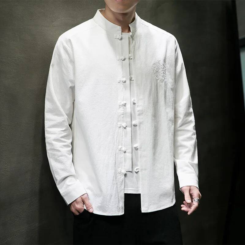 New Spring Autumn Chinese Style Cotton Linen Shirt Men Solid Color Loose Long Sleeve Single Breasted Shirts Mensa Clothing