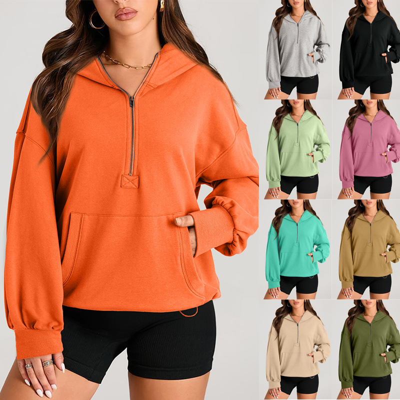 Free Shipping Designer Hoodie For Autumn/winter 2025 Amazon Women's Solid Color Long Sleeved Hooded Solid Color Zipper Pocket Sweatshirt