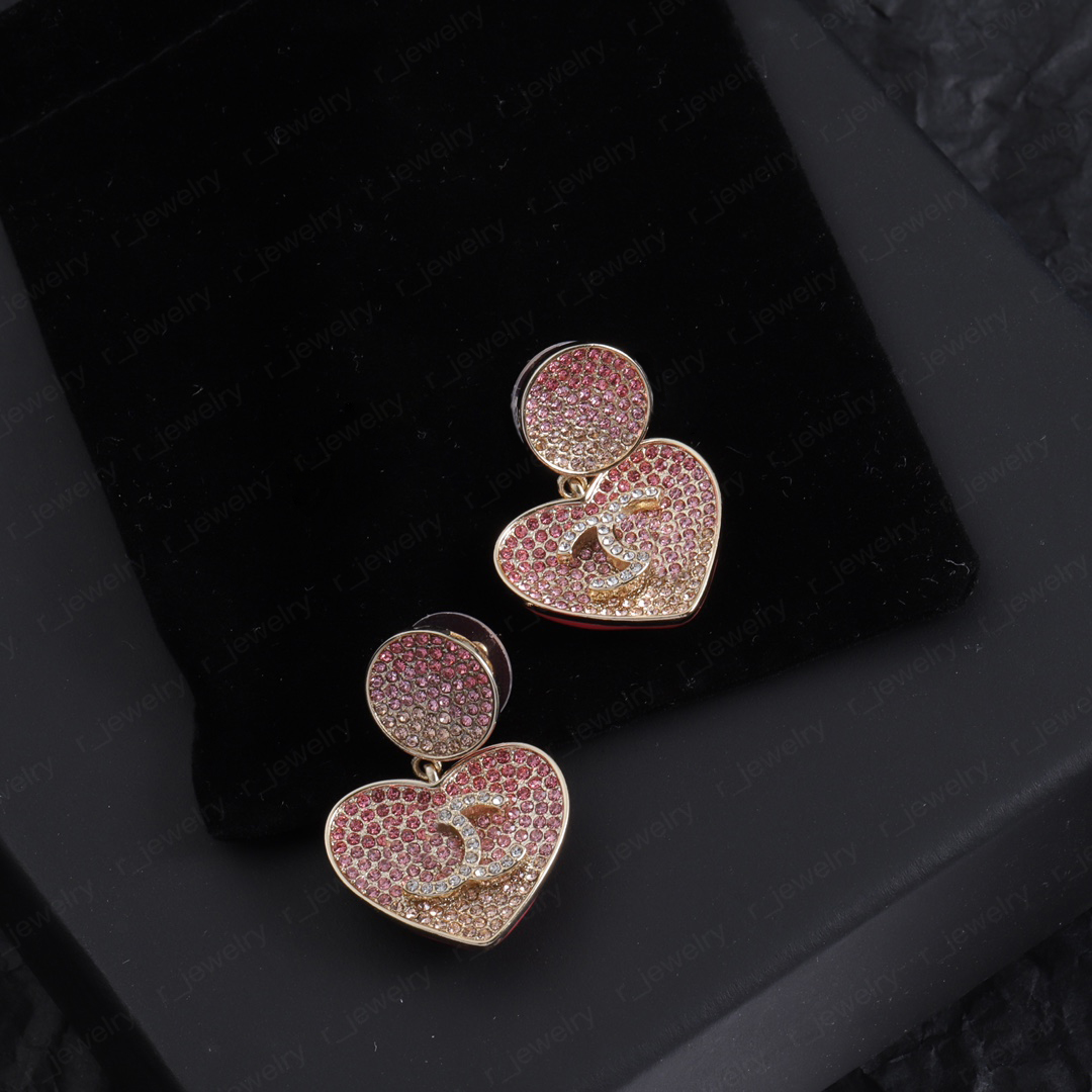 Pink heart-shaped stud earrings a new fashion women's stud diamond brand designer jewelry elegant earrings