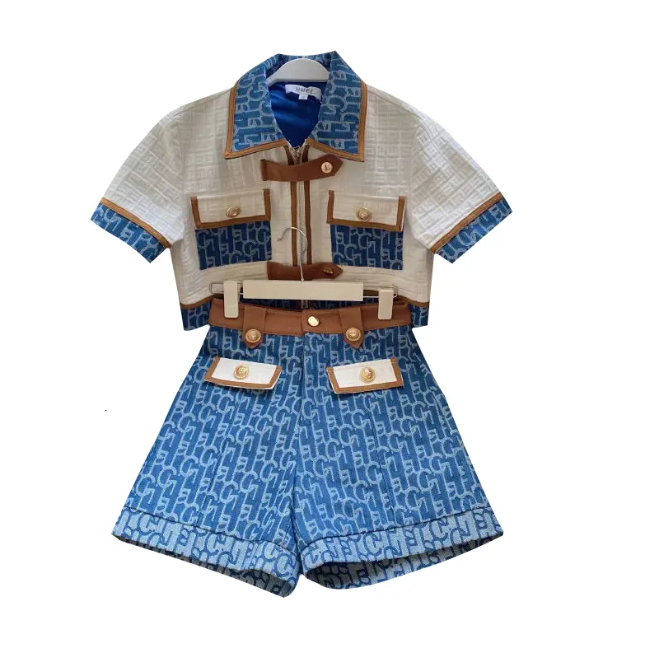 Women's Two Piece Pants High Quality Vintage Classic Short Suit Women Summer Short Sleeve Zipper Tops High Waist Shorts Two Piece Set Streetwea