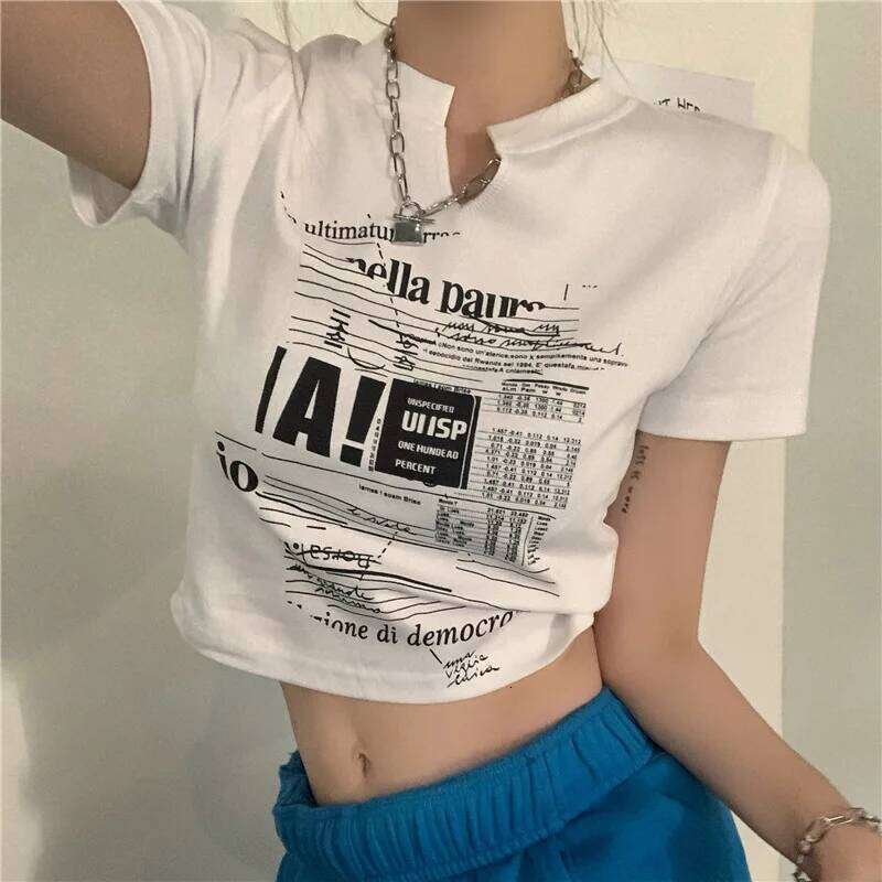 Vintage Letter Print Short Sleeve T-shirts Crop Top Women Sexy Slim Summer T Shirt Korean Style Chic Grunge Aesthetic969