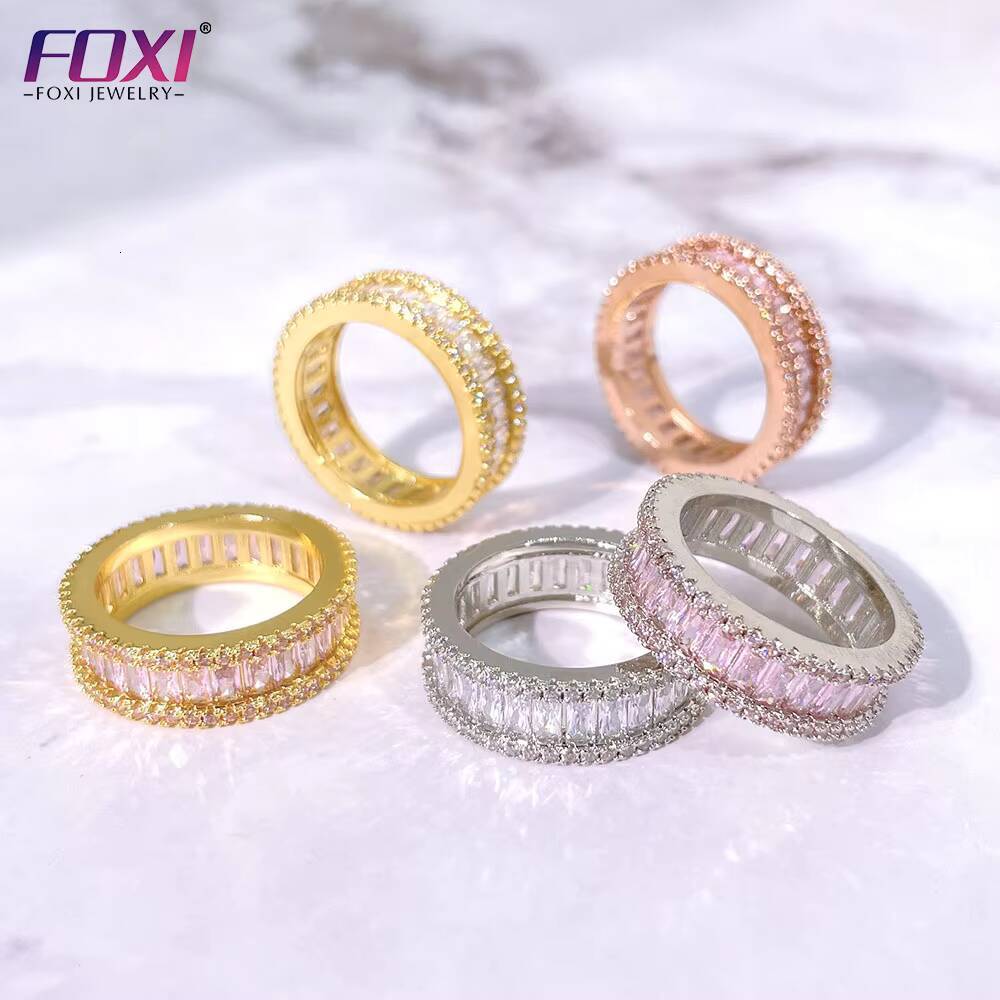 925 Sterling Silver Baguette Eternity Band Engagement Rings Cubic Zircon Fully Pink Square Luxury Iced Out Wedding Fine Ring