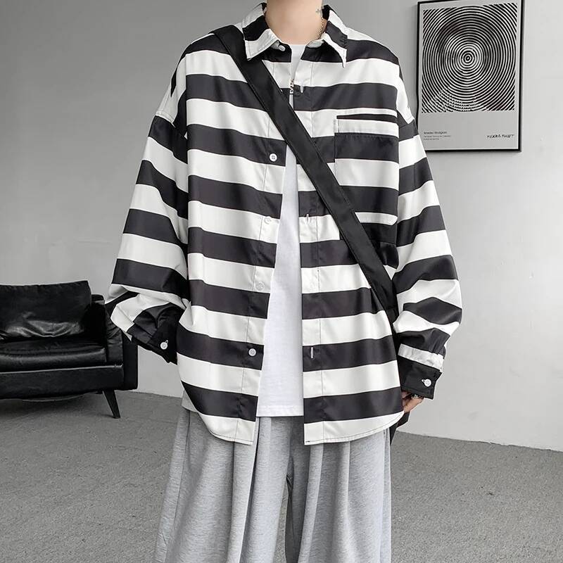 Spring Autumn Stripe Men Long Sleeve Loose Turn-Down collar Casual Shirts Mens Vintage Streetwear Y2K Shirt Plus Size 5XL