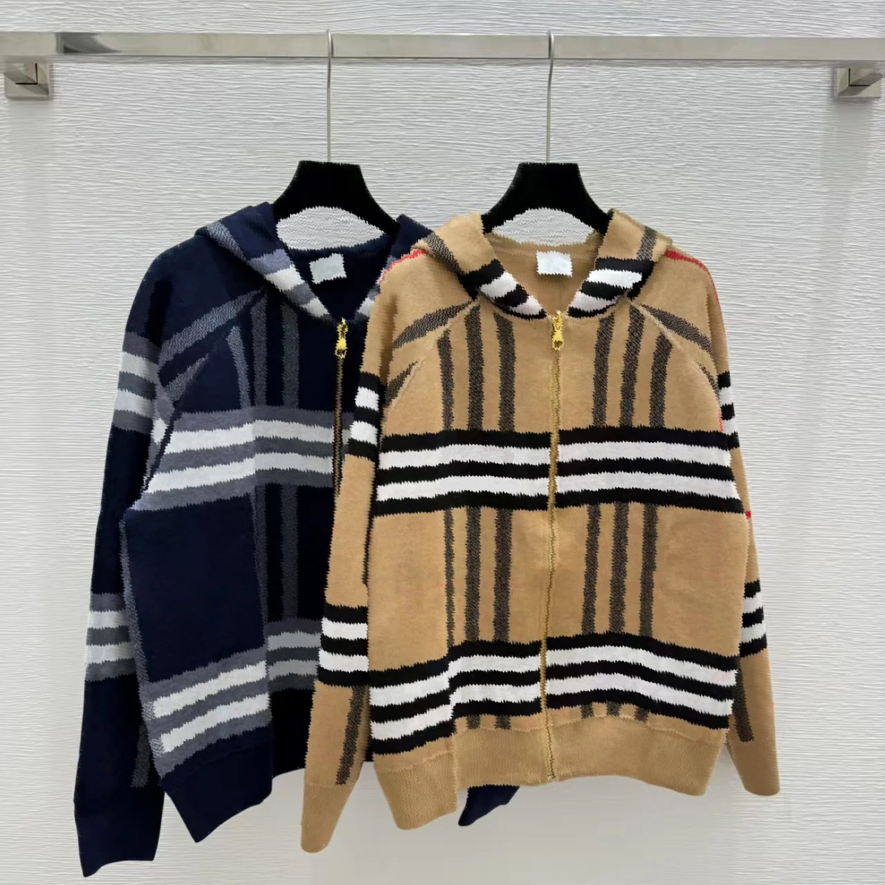 High quality designer men's jacket, fashionable checkered knit sweater, hooded sweatshirt, double-sided cashmere men's jacket, autumn and
