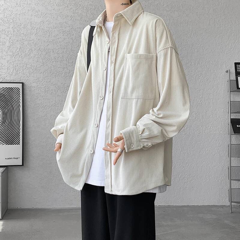 Spring Autumn Loose Casual Men Corduroy Solid Long Sleeve Hip Hop Top Streetwear Shirts Male Vintage Blouse Plus Size 8XL