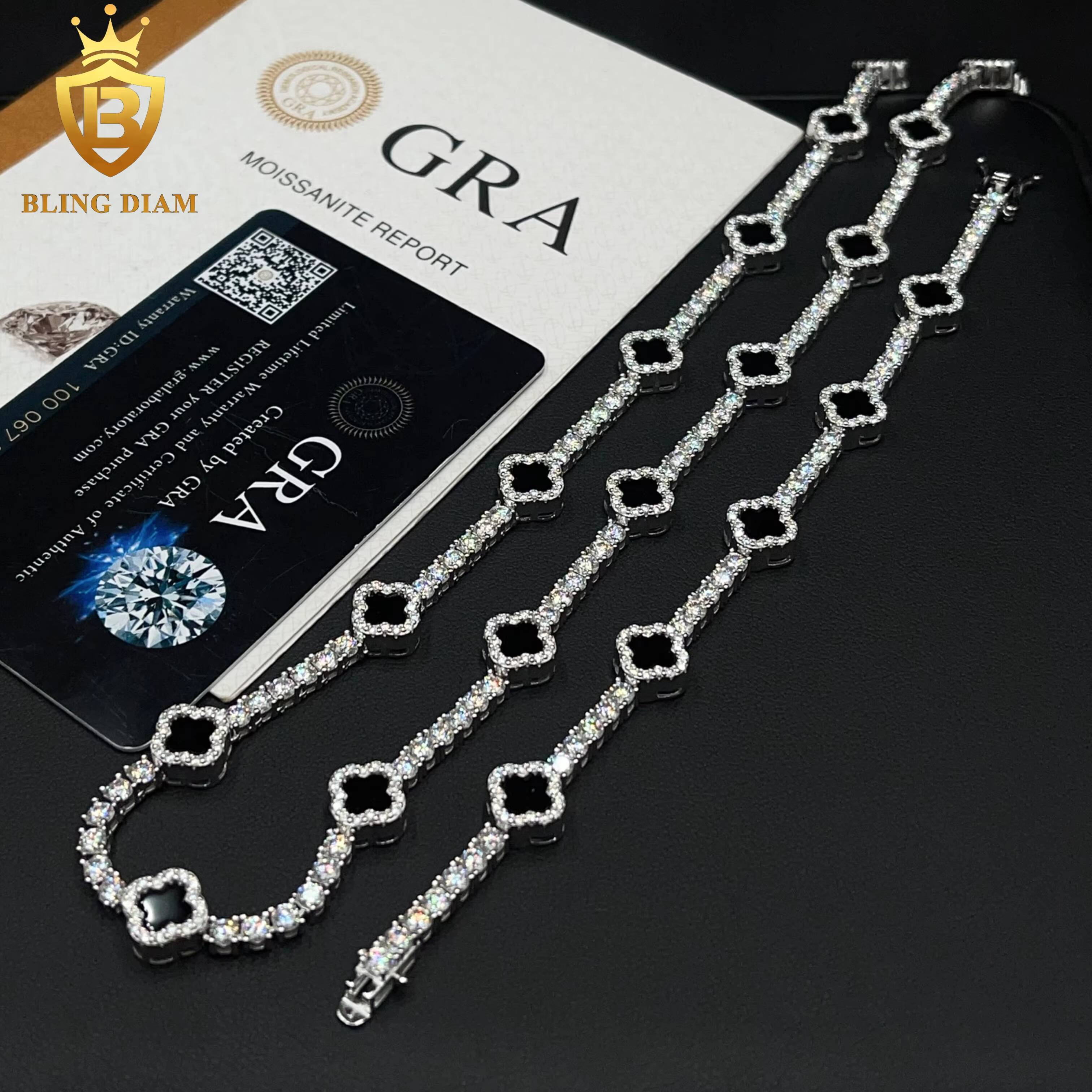 2025 Small Black Clover 3mm New Design 925 Silver VVS Moissanite Pass Diamond Tester Tennis Bracelet Necklace
