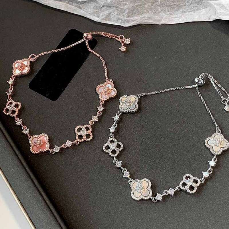 designer bracelet Natural Rose Gold Four-Leaf Flower Light High-End Style Pink Shell Pull Bracelet Mother-of-Pearl Jewelry