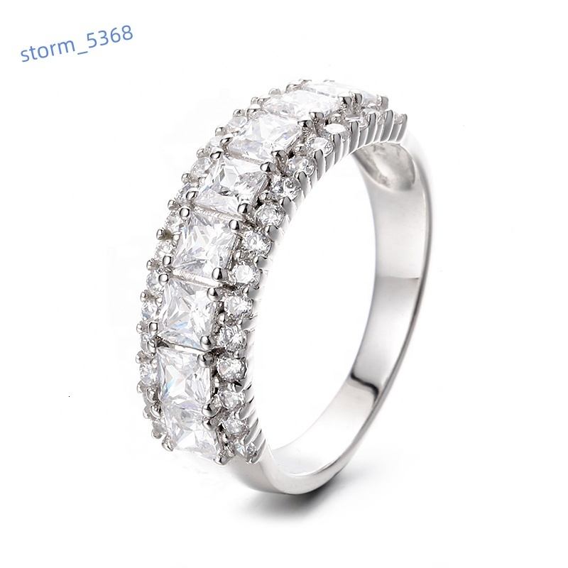 Real 925 Sterling Silver Fine Jewelry Rhodium Plated Princess Cut Moissanite Eternity Band Ring for Women Engagement Wedding