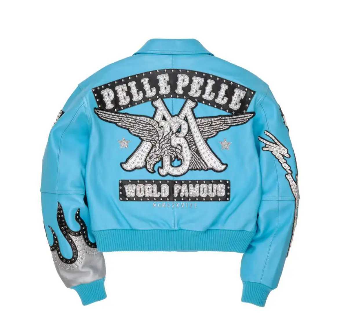 New high-quality PP authentic womens black blue pink genuine leather embroidered diamond short jacket J250802