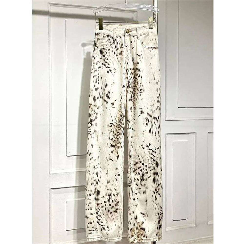 Leopard Print Straight Wide Leg Women Waisted Retro Jeans Streetwear Y2k Vintage Pants High Street Denim Trousers