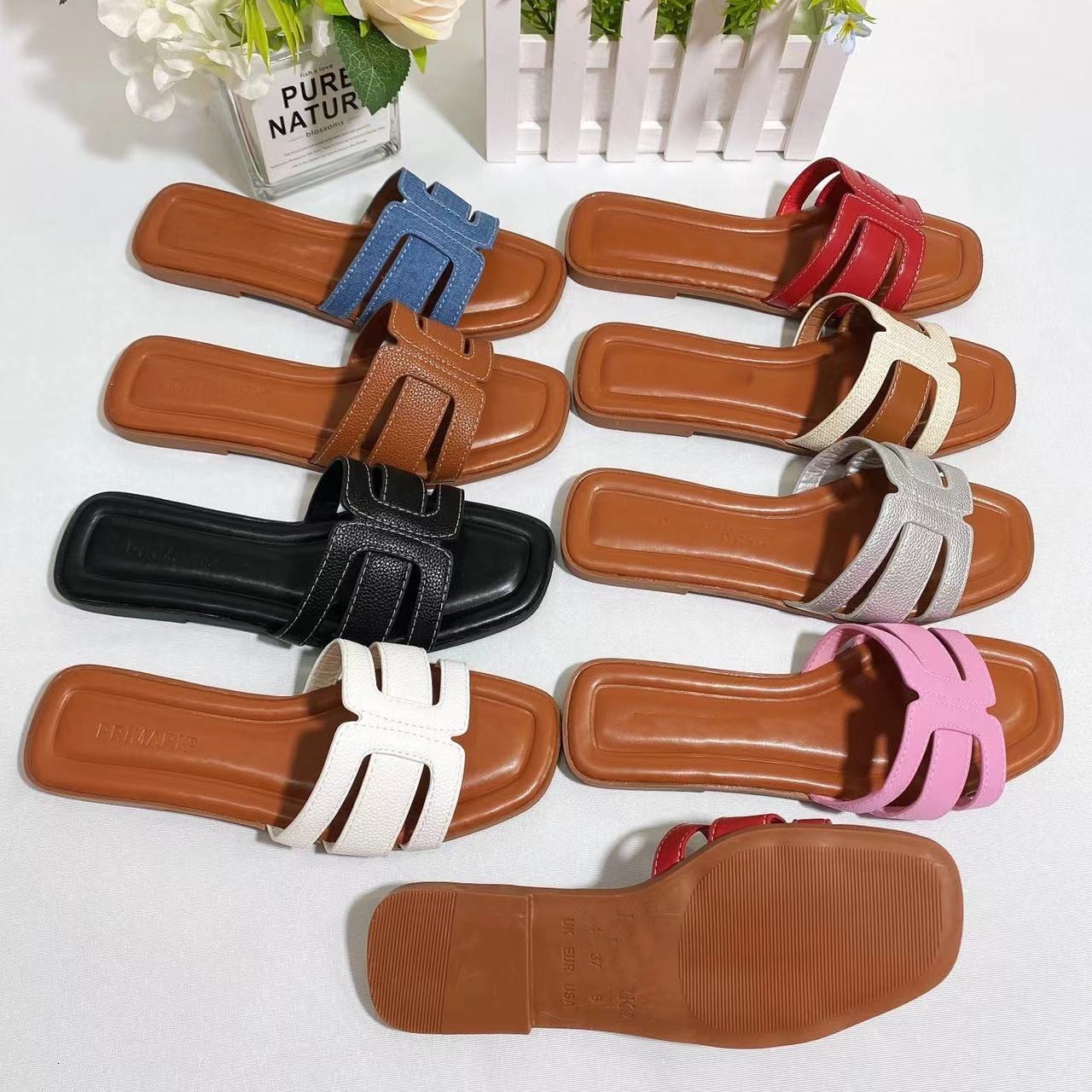 Women's Genuine Leather Slippers, Japanese-Korean Style Square-Toe Sandals with Printed Leather, Beaded Flat Sole - Medium Width, TPR Outsole, Solid