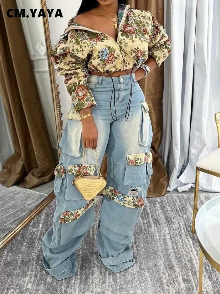 CM.YAYA Washed Denim Womens Set Full Sleeve Floral Jacket and Pockets Cargo Jeans Pants Suit 2024 Street Two 2 Piece Set Outfit J250802