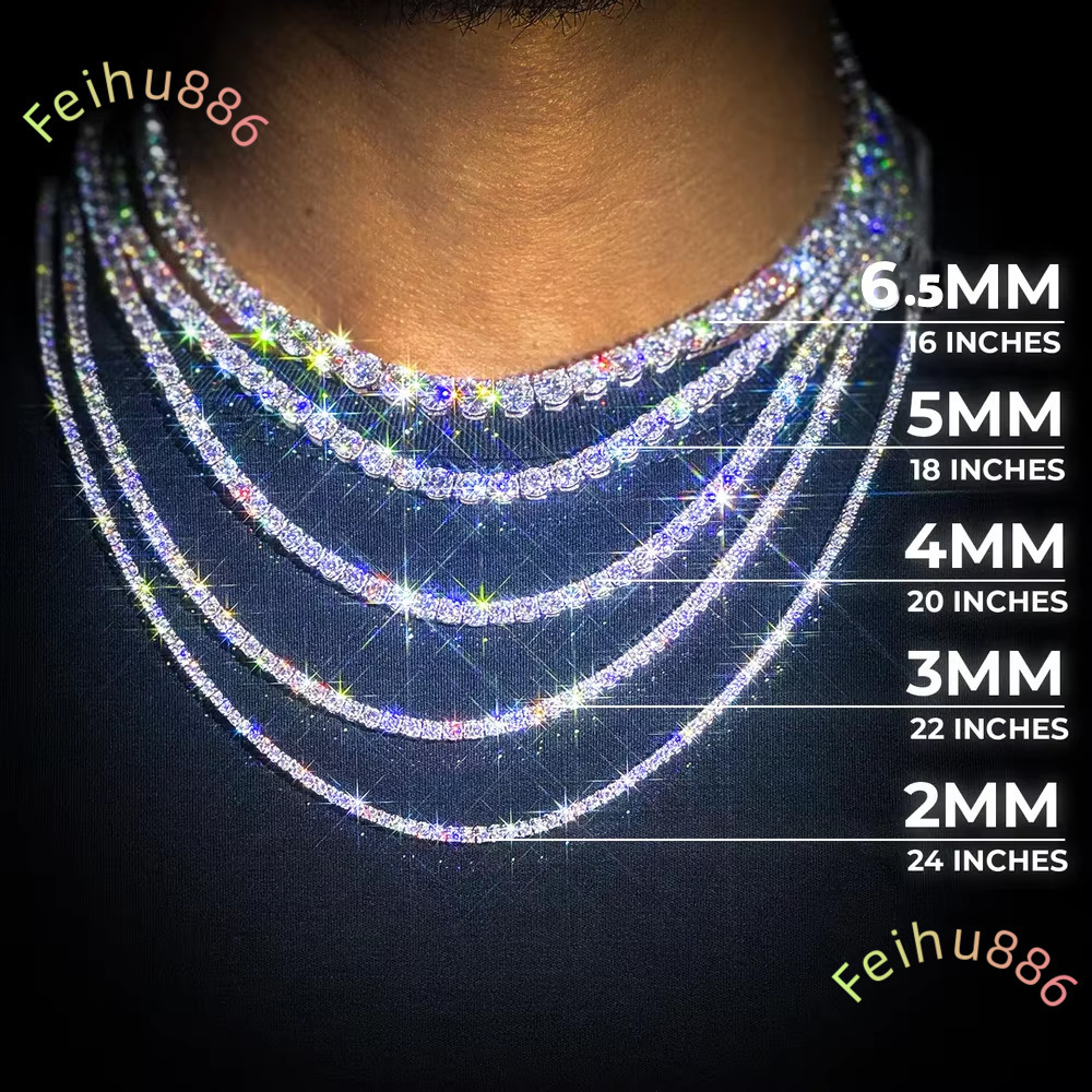 Wholesale 2.0mm-6.5mm Iced Out S925 Silver VVS Moissanite Tennis Chain Necklaces Pass Diamond Tester Hip Hop Fine Jewelry
