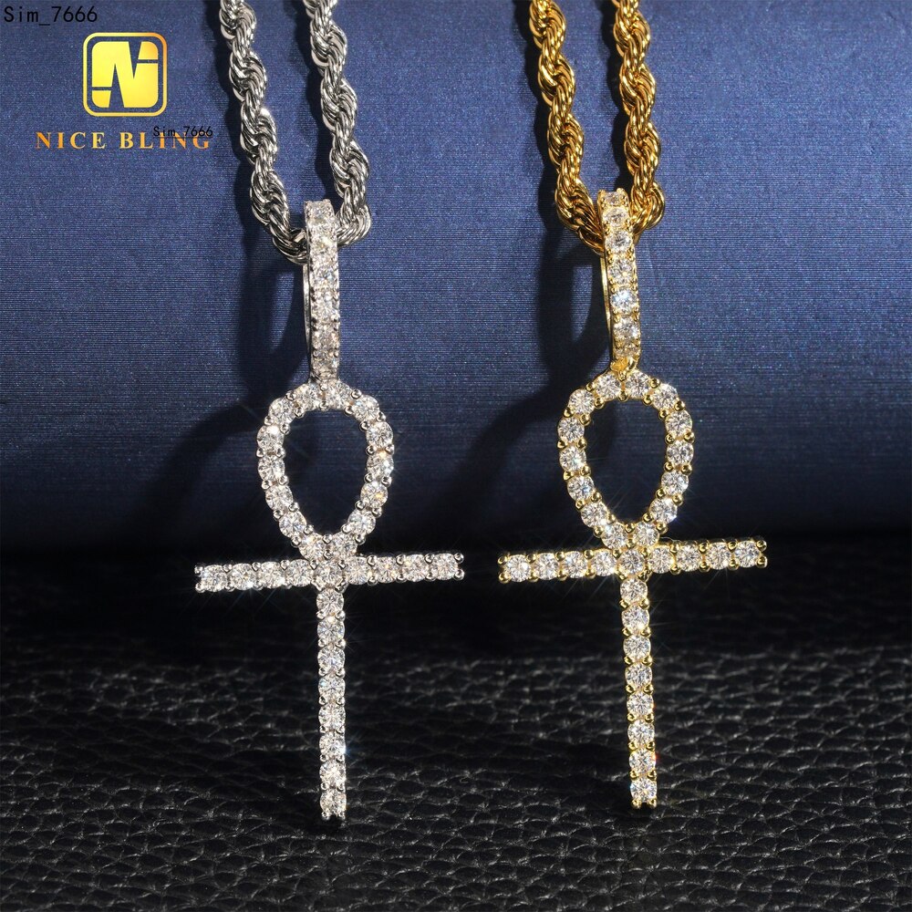 One Row Diamond Cross Pendant 925 Sterling Silver Ankh Jewelry Men Women Hip Hop Moissanite Cross Pendants with GRA Certificate