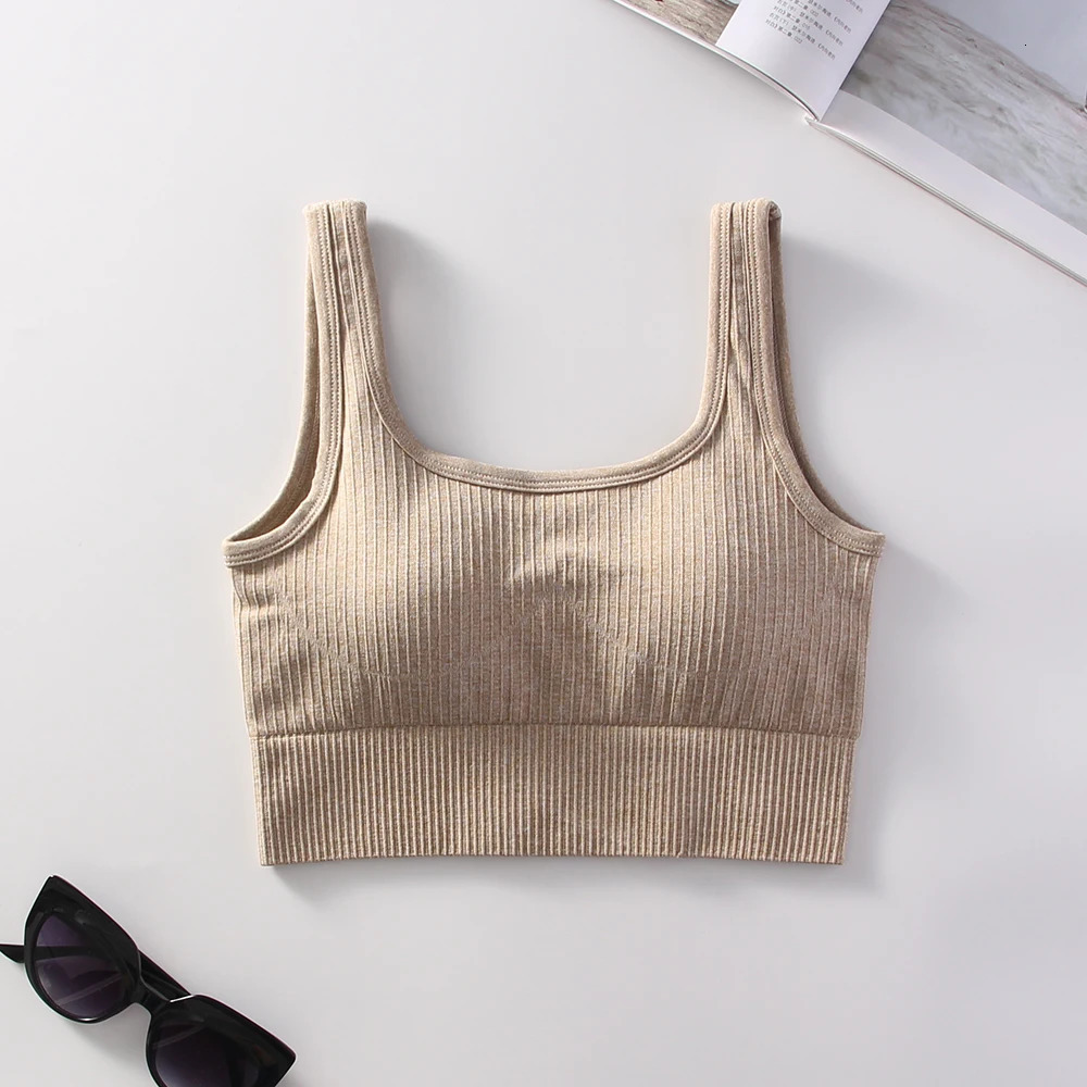 Ribbed Solid Sports Bra Medium Support Square Neck Seamless Knit Padded Push Up Fitness Bra Womens Activewear Summer Outerwear 250724