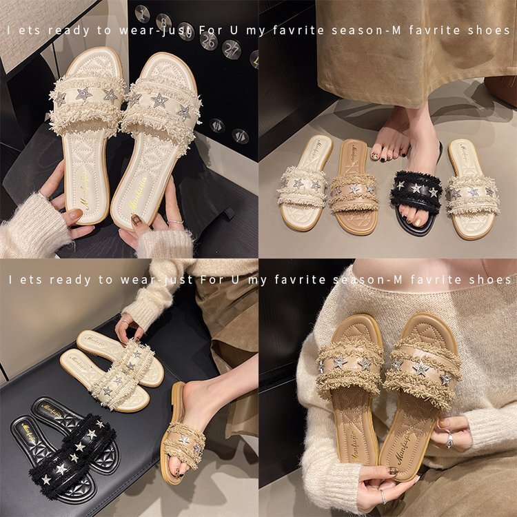 Women's Rhinestone Sandals, Japan And Korean Style Soft-Leather Strappy Slippers With Buckle, EVA Upper, Genuine Leather Lining, 1 3/4 in Heel, Rubb