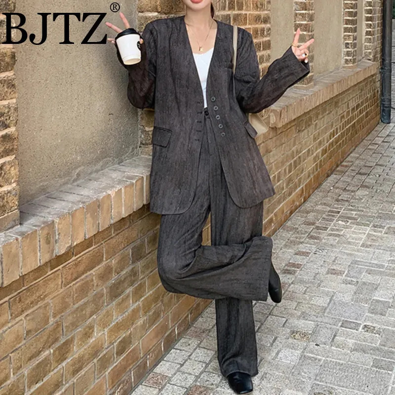 BJTZ Linen Suit Set Pants Sets Grey n Cotton And For Womens Spring 2025 Fashion Style High Waist WideTwo-piece Set 250728