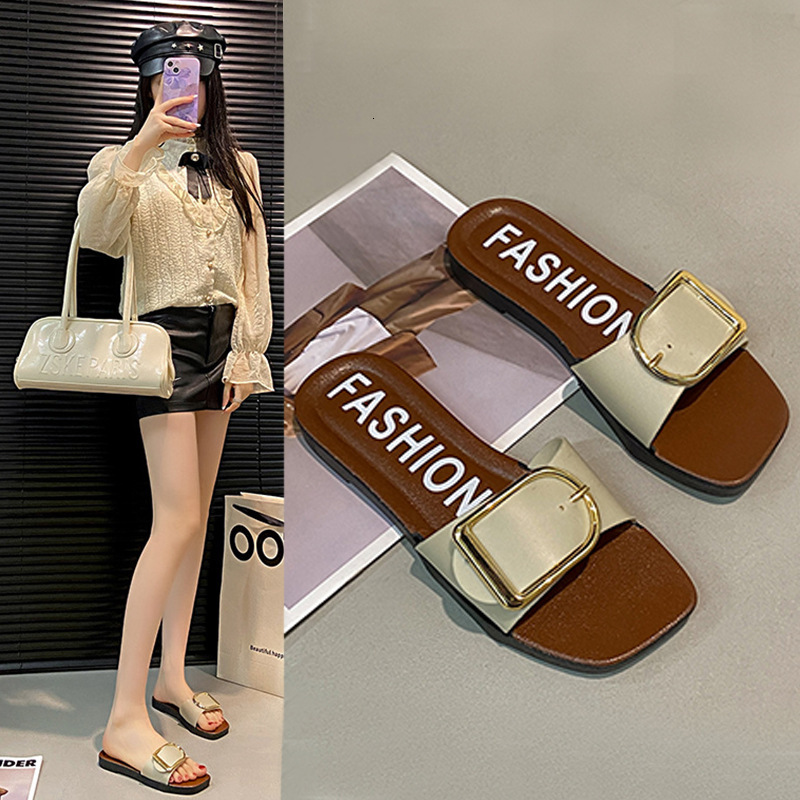 Women's Lolita Flat Sandals, D-Buckle Beach Slippers with Floral Beading, Double-Buckle Design, Wide Fit, PVC Upper, Genuine Leather Lining for Summ