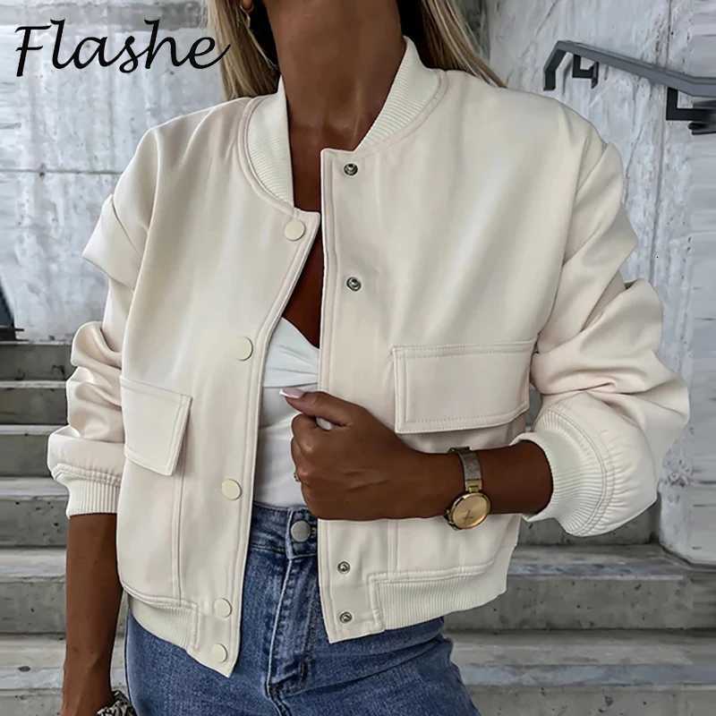 2023 Autumn Winter Bomber Jackets for Women Fashion Long Sleeve Button Short Jacket Women Casual Loose Pocket Coats Z250804