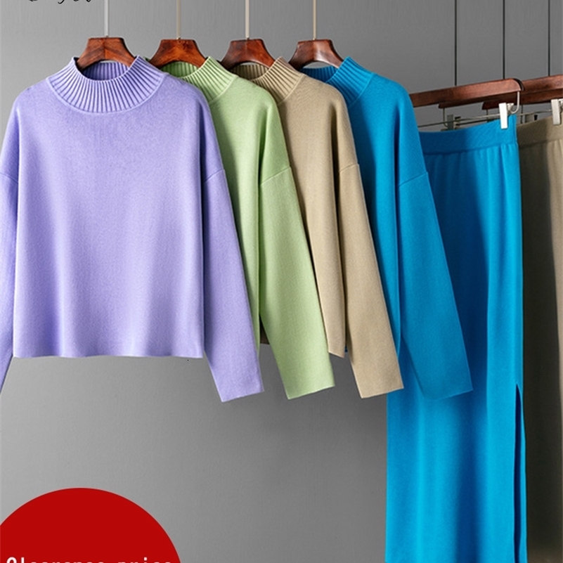 SINGREINY Fashion Autumn Sweater Two Pieces Suits Women Loose Warm PulloversSplit Long Skirt Winter Casual Knitted Sets 250728