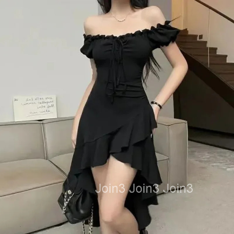 Black Asymmetrical Hem Sleeveless One Shoulder Neck Hanging Strap Womens Dress Mini Skirt Sexy Waist Cinching Summer New